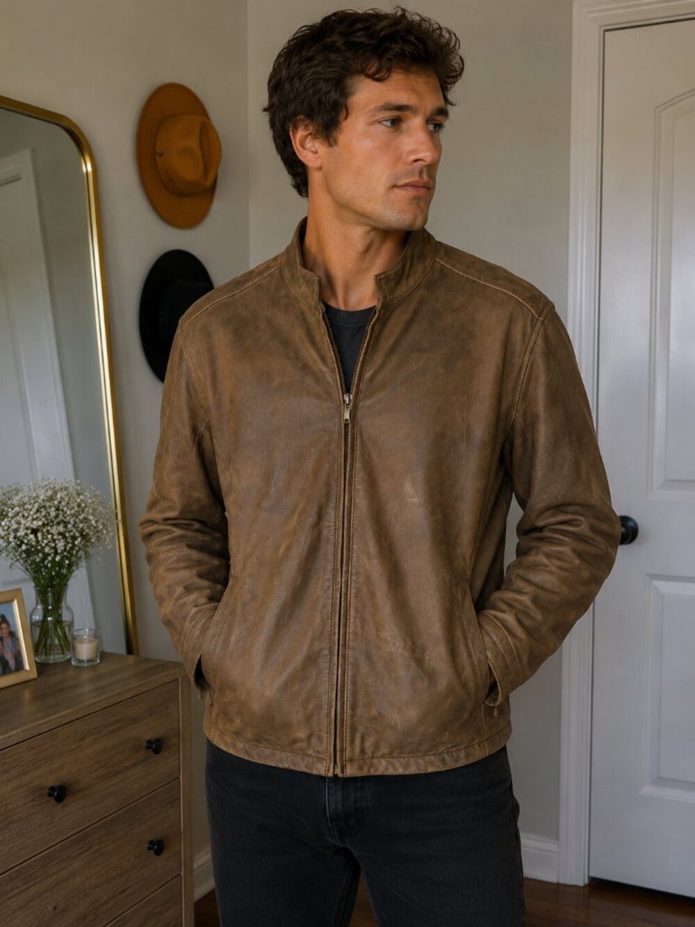 Horst Men's Tan Zip-Front Bomber Jacket small callouts as pictured
